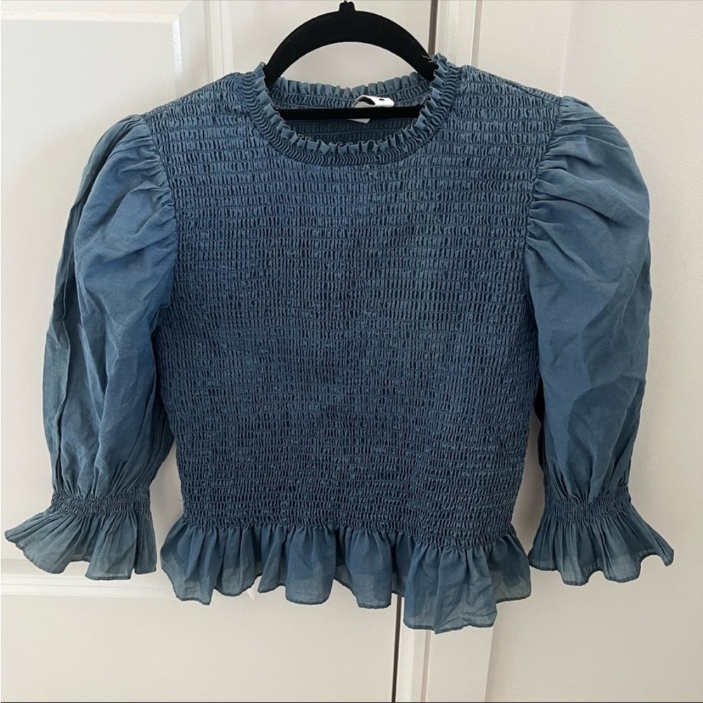 Zara Blue Puff Sleeve Ruched Shirt